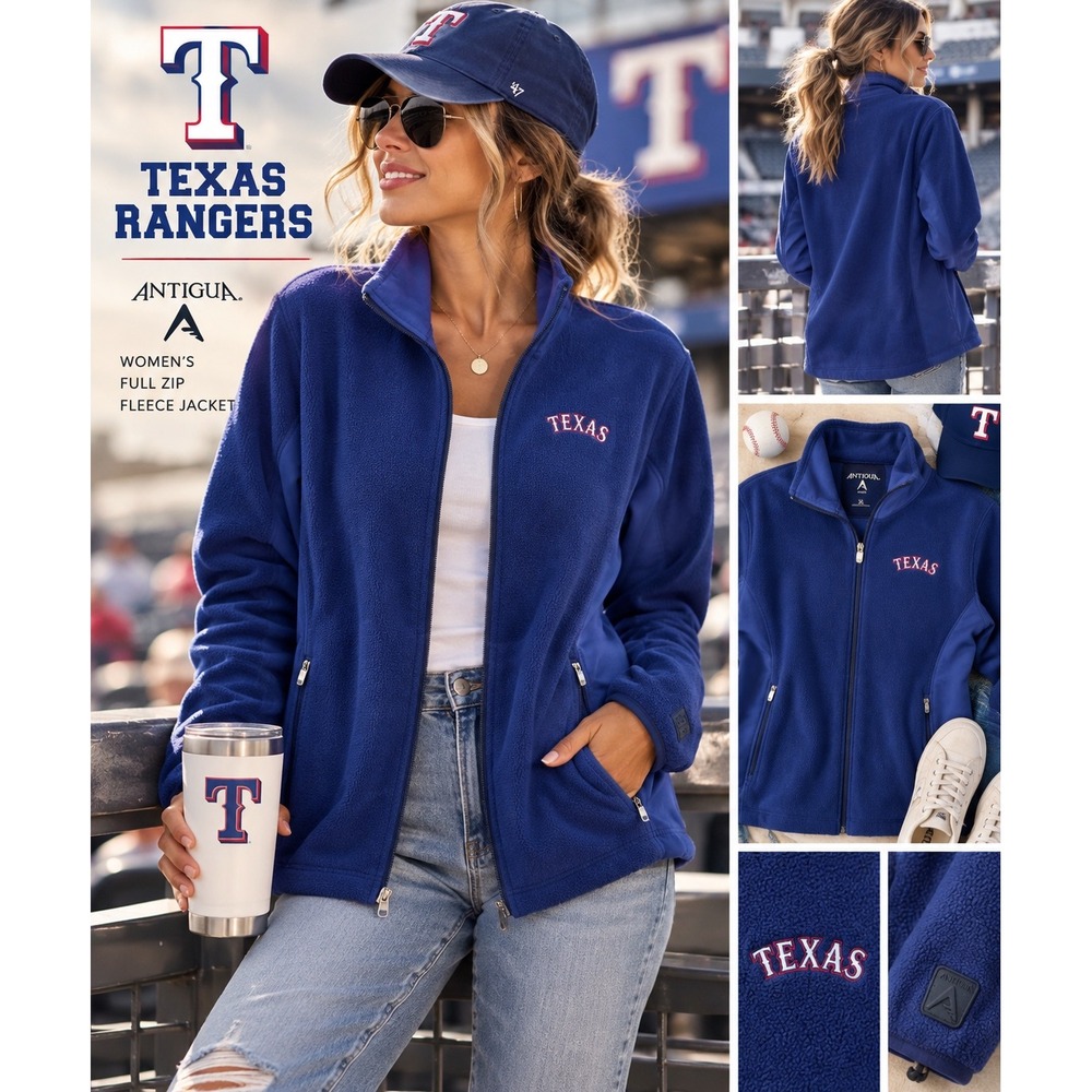 Antigua Texas Rangers Fleece Jacket Womens XL Blue Full Zip Mock Neck Logo
